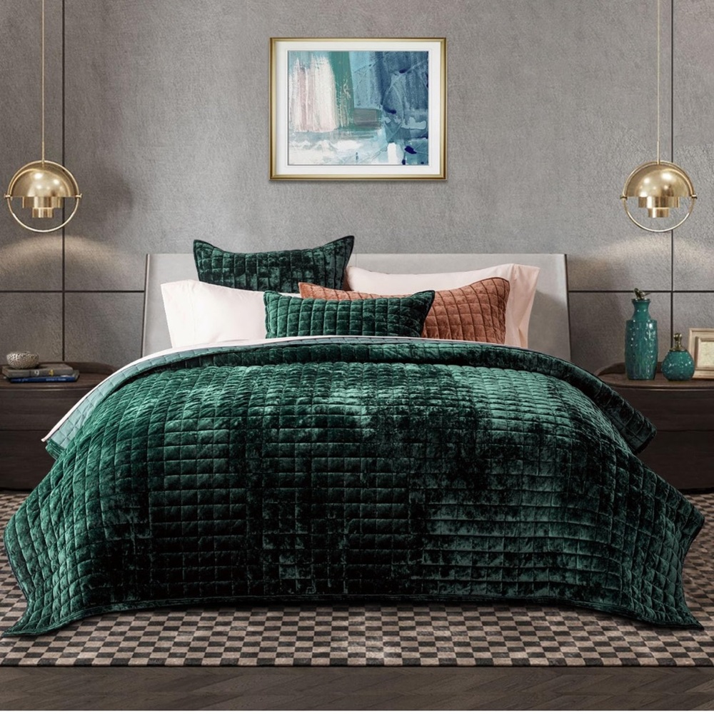 🆕 Green Velvet King SET Bedding Velour Luxury Soft Hotel Glam Emerald Jewel NWT